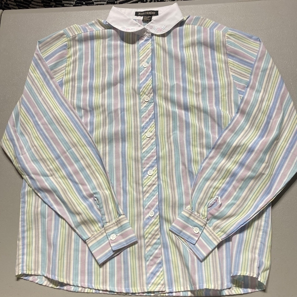 Vintage Joan Harper Pastel Striped Button Shirt Women's Size 12 Embroidered EUC